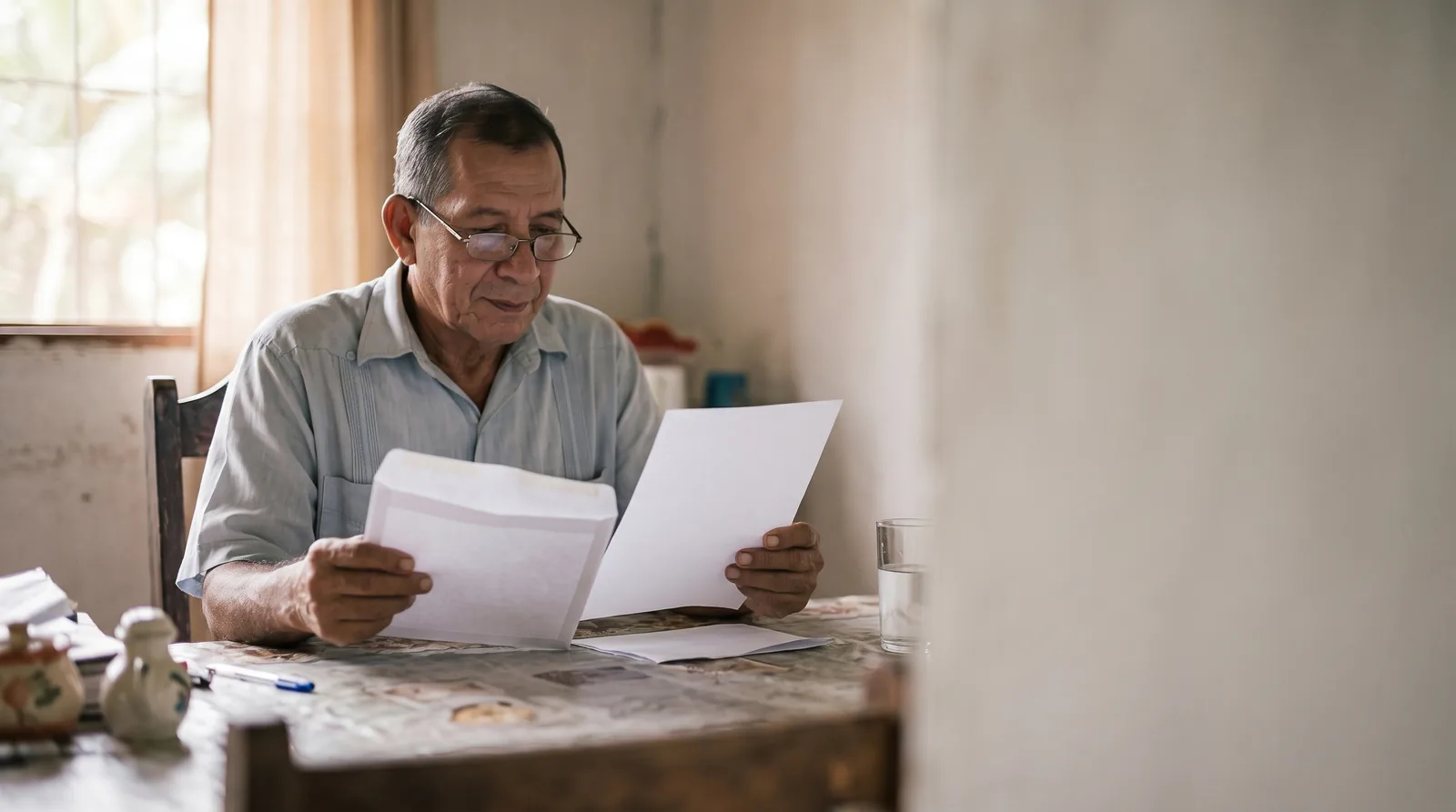 Un jubilado revisa en la mesa de su casa un sobre con su correspondencia.
