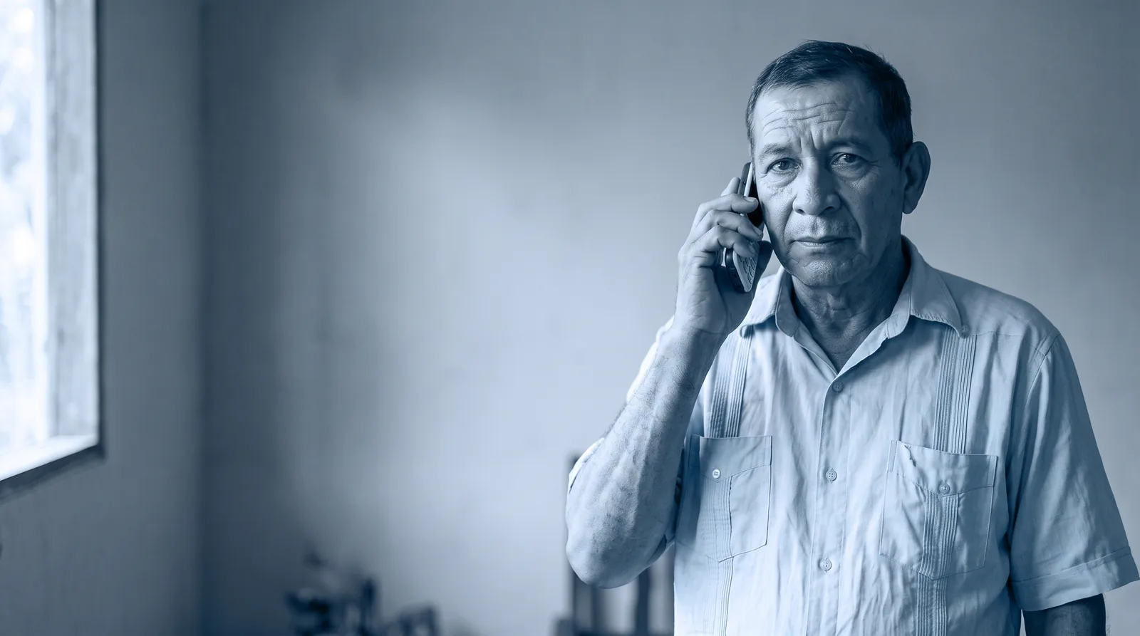 Un jubilado escucha con desconfianza una llamada telefónica.